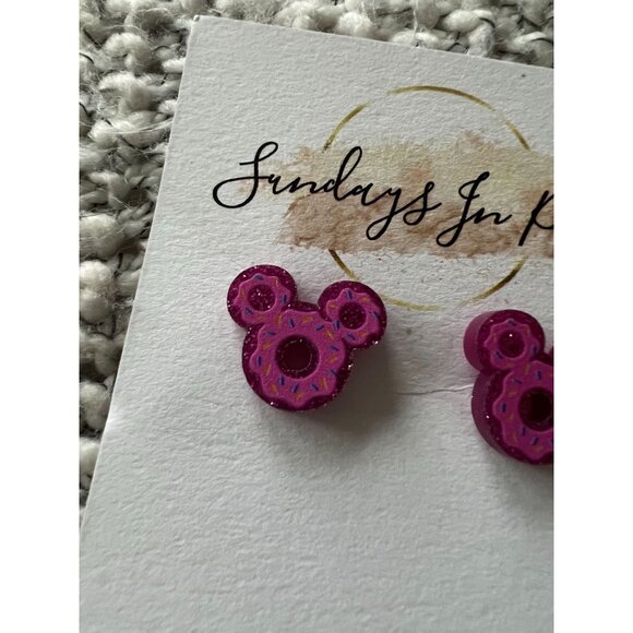 MICKEY Ear Pink Donut Stud Park Earrings NEW - Picture 4 of 4